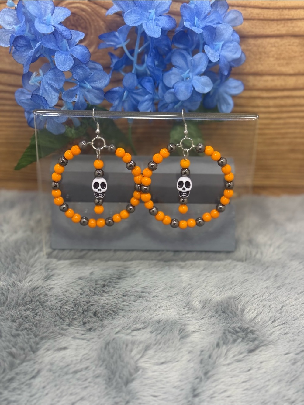 Handmade Orange Skull Hoop Earrings - Women's Jewelry